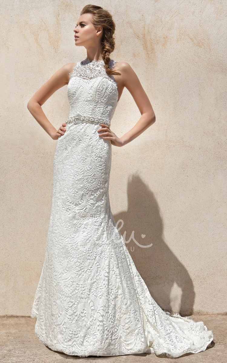 Beaded Sheath Lace Wedding Dress with High Neck and Sleeveless Design