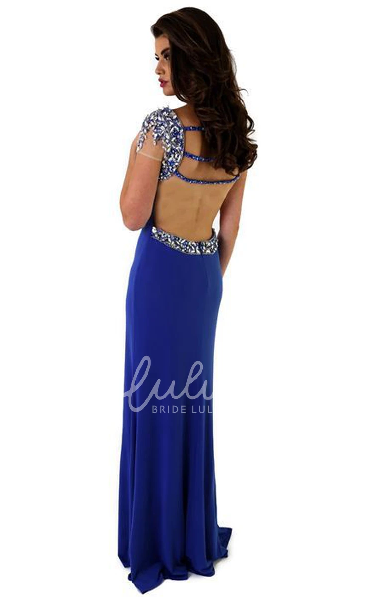 Beaded Jersey Sheath Prom Dress with Split Front and Cap-Sleeve Scoop Unique Prom Dress