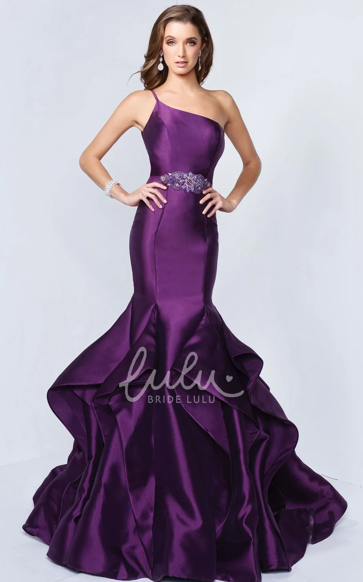 One-Shoulder Sleeveless Satin Trumpet Dress with Draping and Waist Jewelry for Women