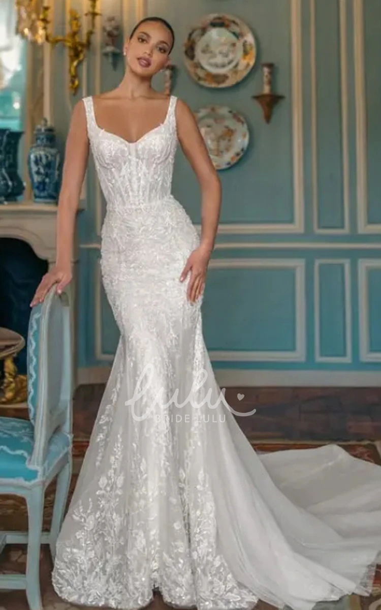 V-neck Lace Beach Wedding Dress with Mermaid Silhouette and Open Back Elegant and Chic