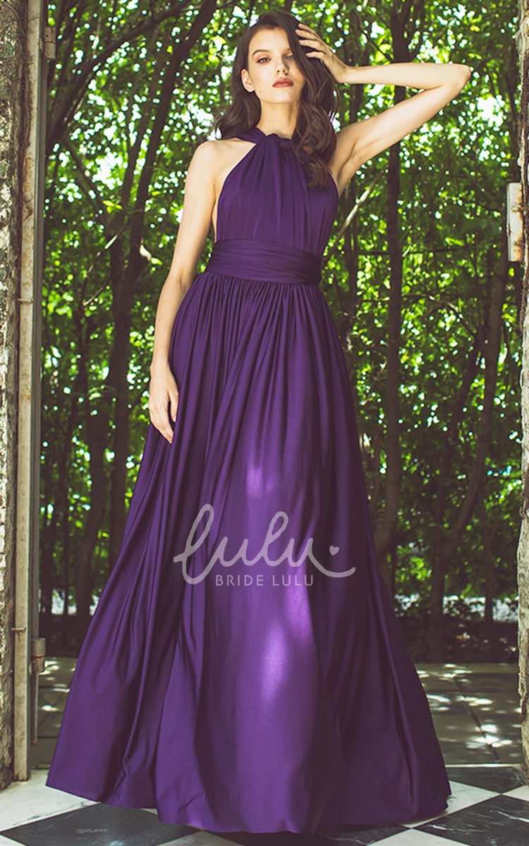 Casual Jersey Bridesmaid Dress with Halter Neck & Pleated Cross Back