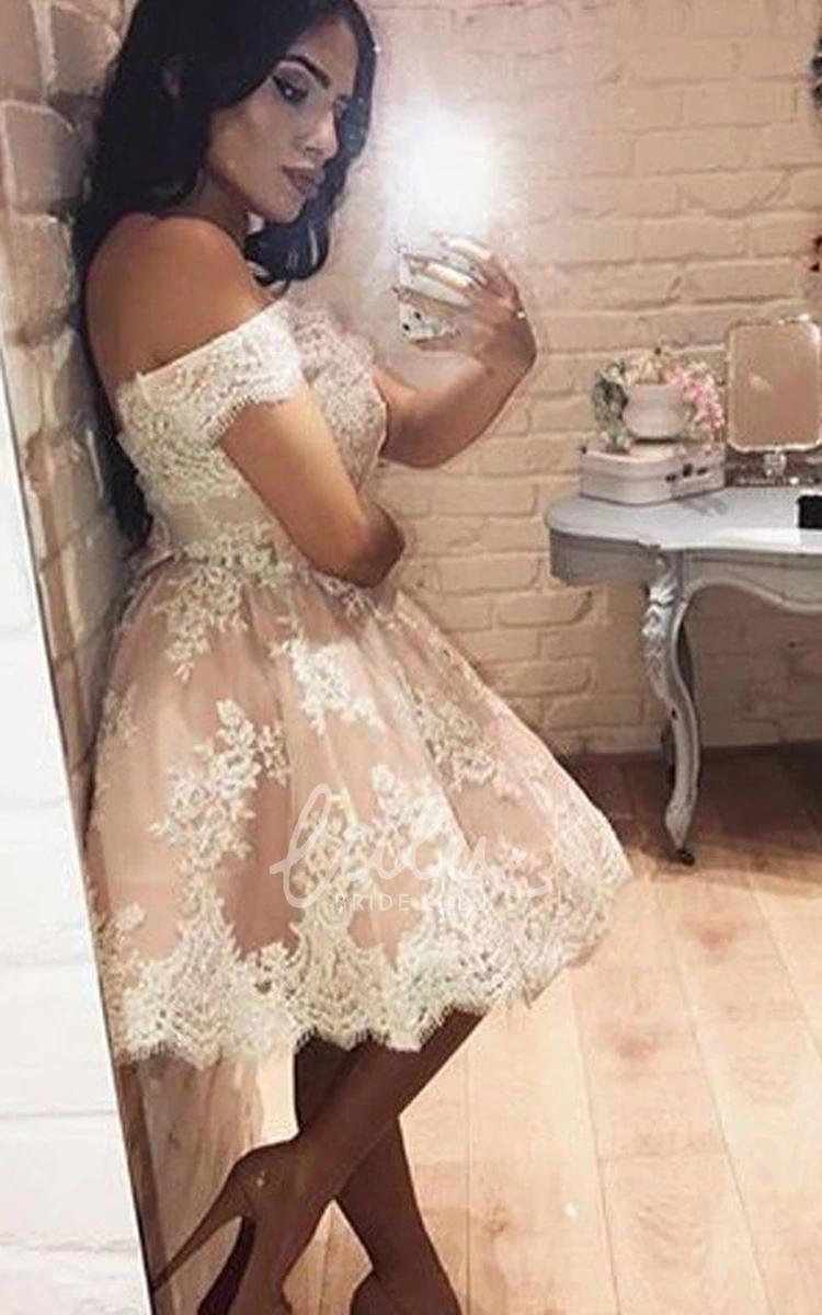 Off-shoulder Applique Ruched A-line Knee-length Lace Homecoming Dress