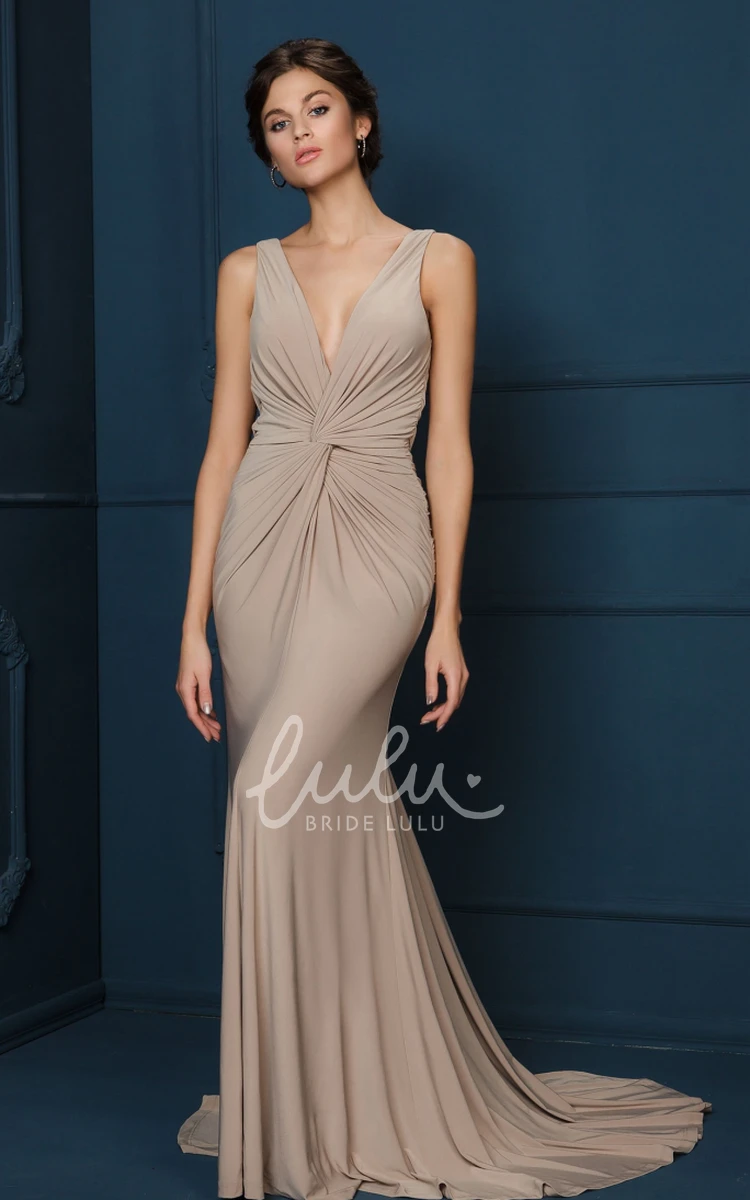 Sheath Ruched Sleeveless Jersey Evening Dress with V-Neck Modern Dress for Women