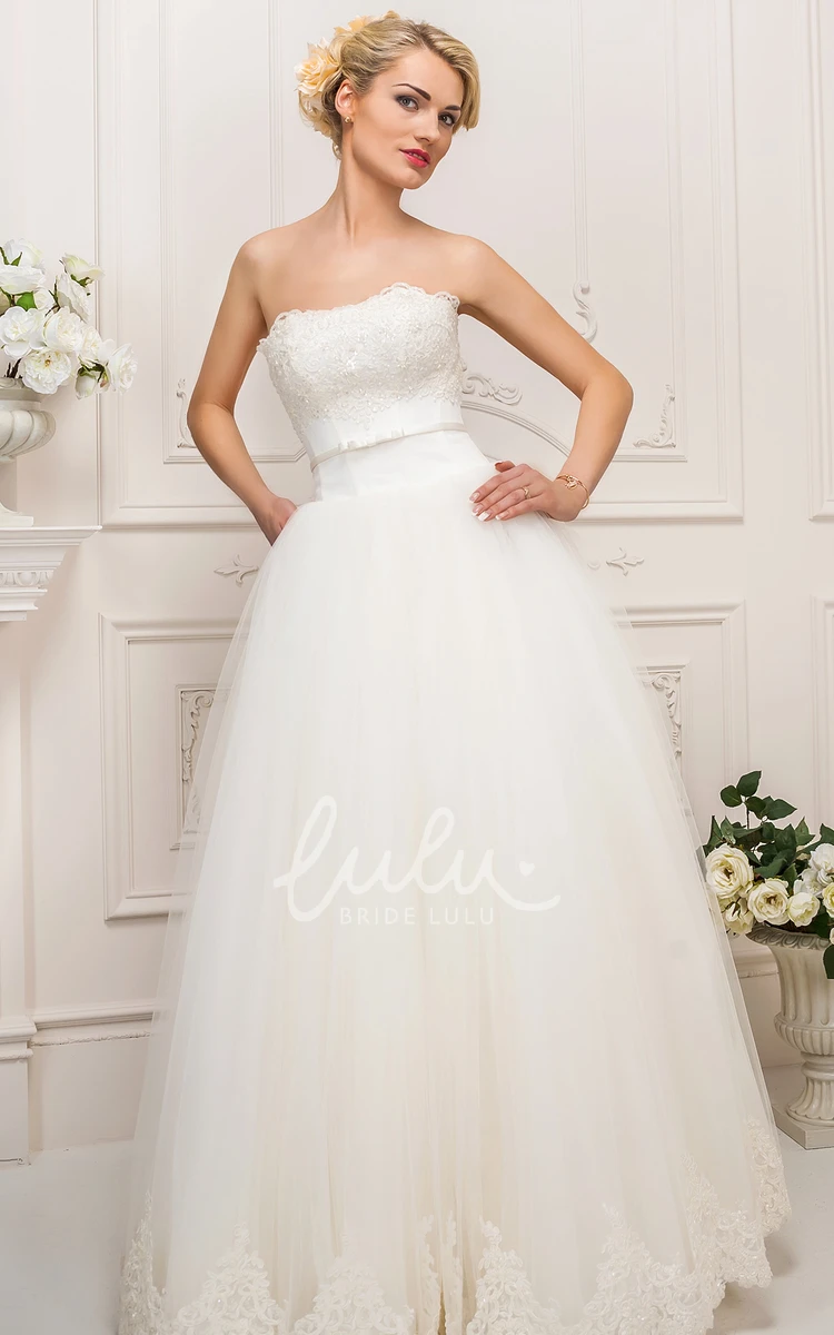 Strapless A-Line Tulle Wedding Dress with Appliques and Pleats