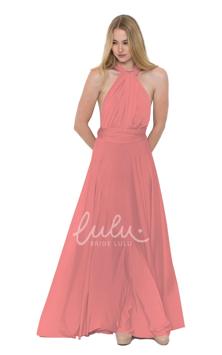 V-Neck Ruched Chiffon Bridesmaid Dress Floor-Length Sleeveless Convertible Multi-Color