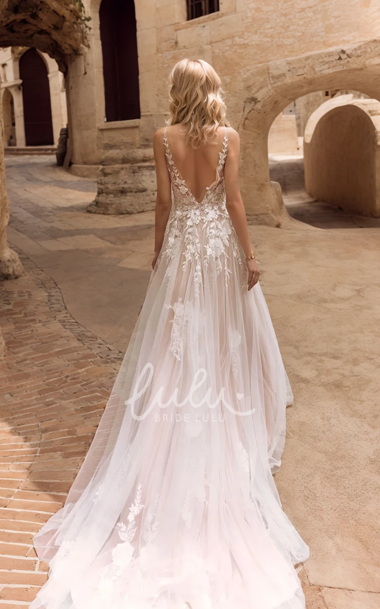 Elegant A-Line Fall Autumn Sleeveless Bobo Lace Wedding Dress with Train Deep-V Back Gown