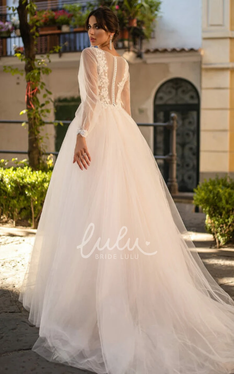 Tulle Bateau Wedding Dress with Poet Puff Long Sleeve and Zipper Back Sexy Ball Gown Wedding Dress