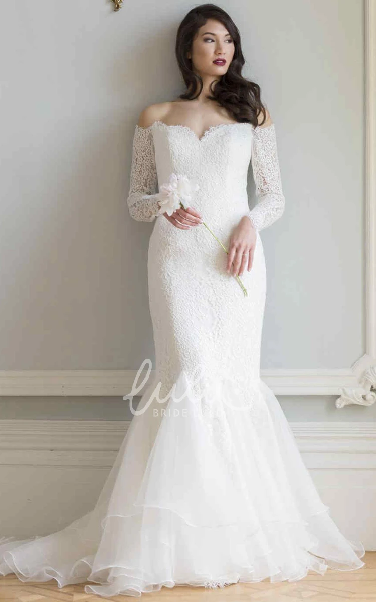 Off-The-Shoulder Lace and Organza Wedding Dress with Tiered Skirt and Illusion Sleeves