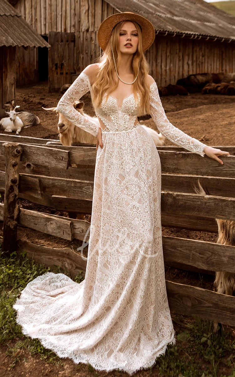 Elegant Lace A-Line Beach Wedding Dress with V-Neck and Long Sleeves