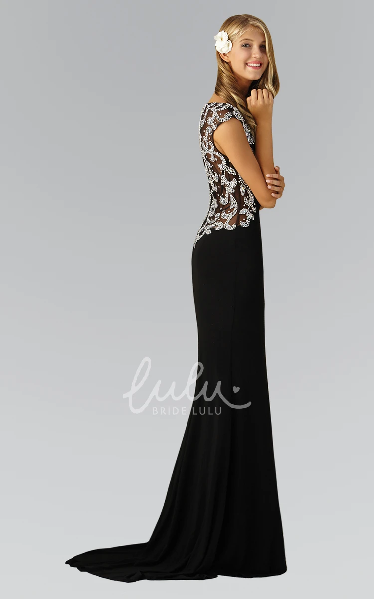 Cap-Sleeve Illusion Sheath Jersey Formal Dress with Beading and Bateau Neckline