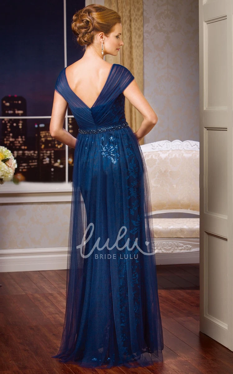 V-Neck Sequin and Tulle Overlay MOB Dress with Cap Sleeves Glamorous Mother of the Bride Dress