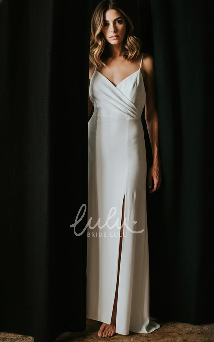 V-Neck Sheath Simple Spaghetti Wedding Dress Modern Backless Slit Bridal Gown
