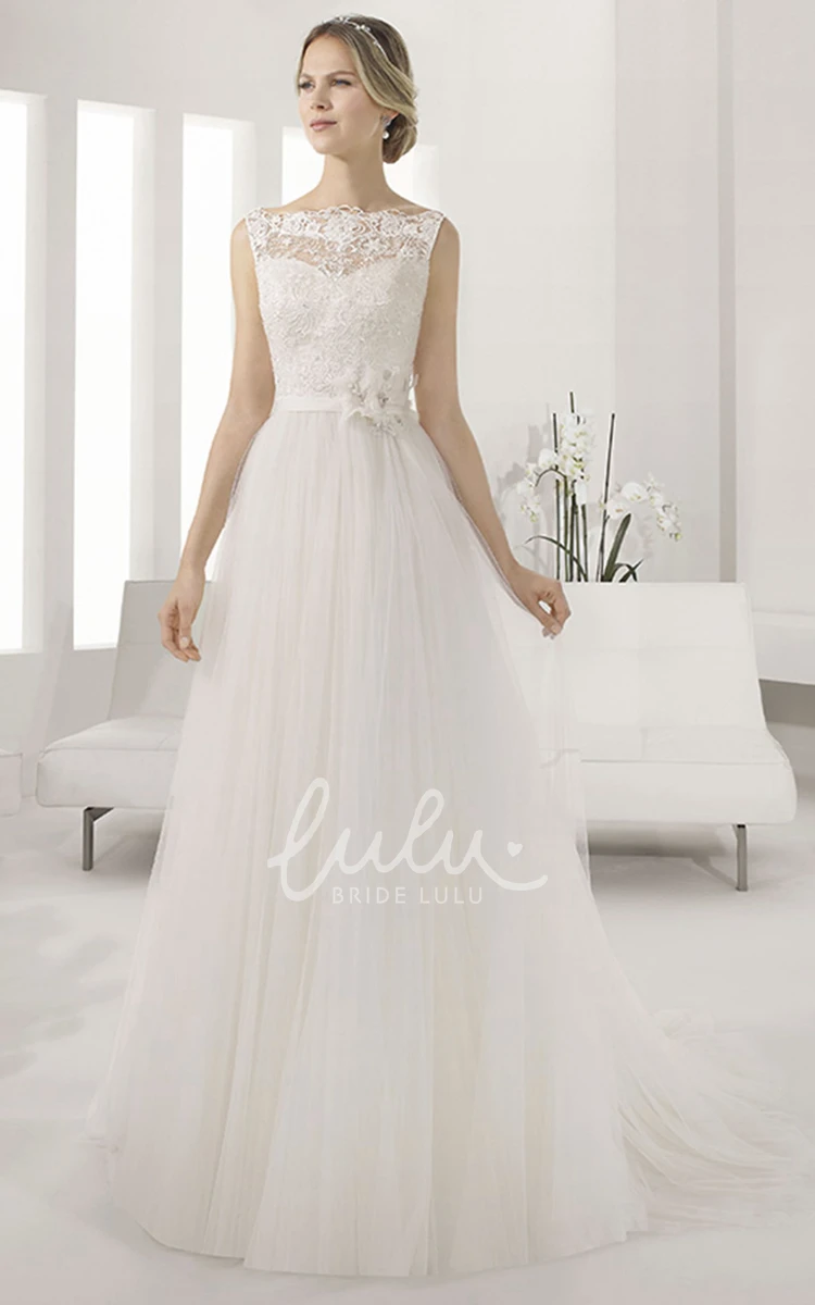 Lace Top Tulle A-line Wedding Dress with Pleats and Waist Flower