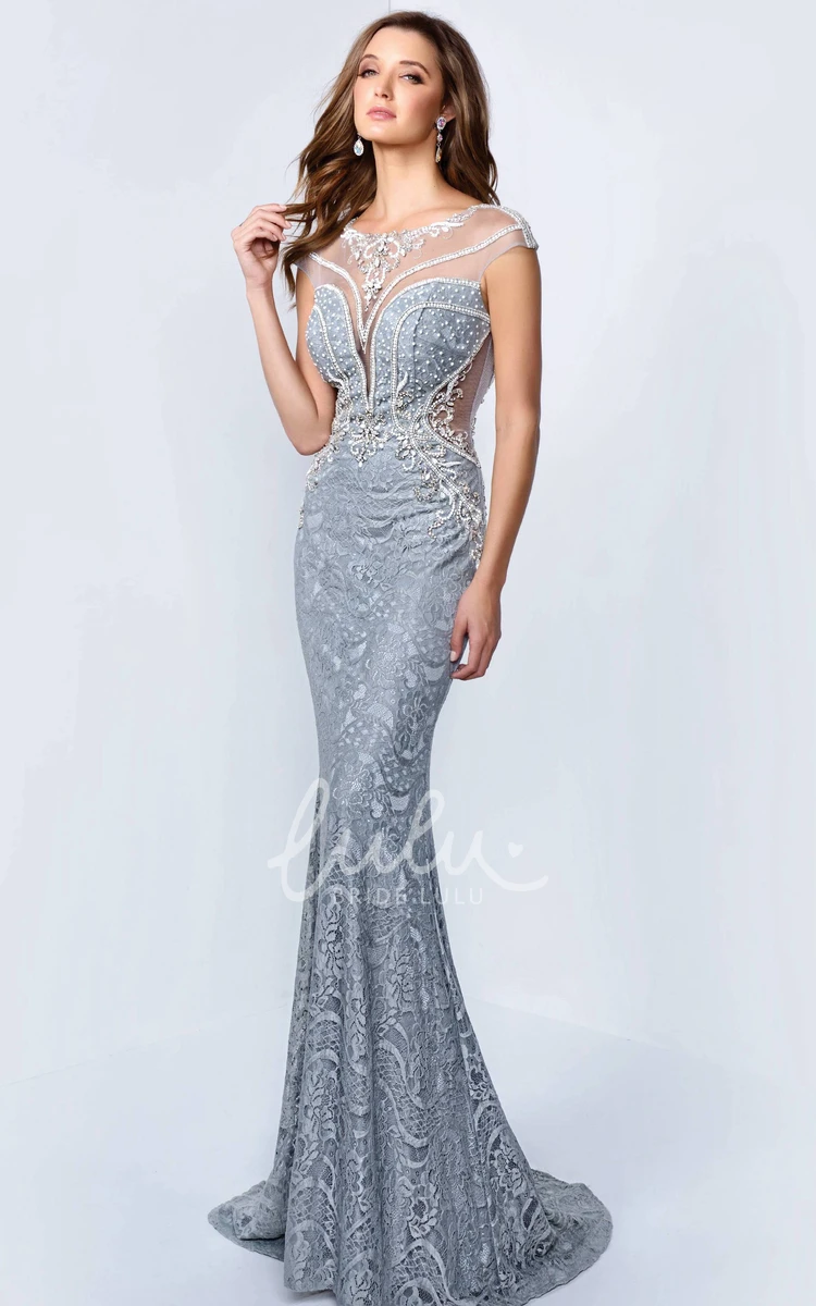 Lace Illusion Cap-Sleeve Sheath Formal Dress with Beading Elegant and Unique