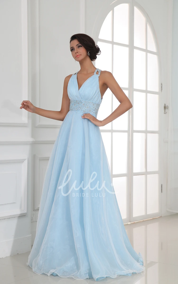 Halter V-Neck A-Line Formal Dress with Sequined Waist Flowy Beach Bridal Gown