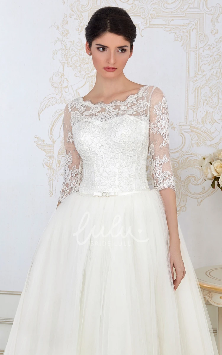 Tulle A-Line Wedding Dress with Half-Sleeve Lace Up Scoop-Neck