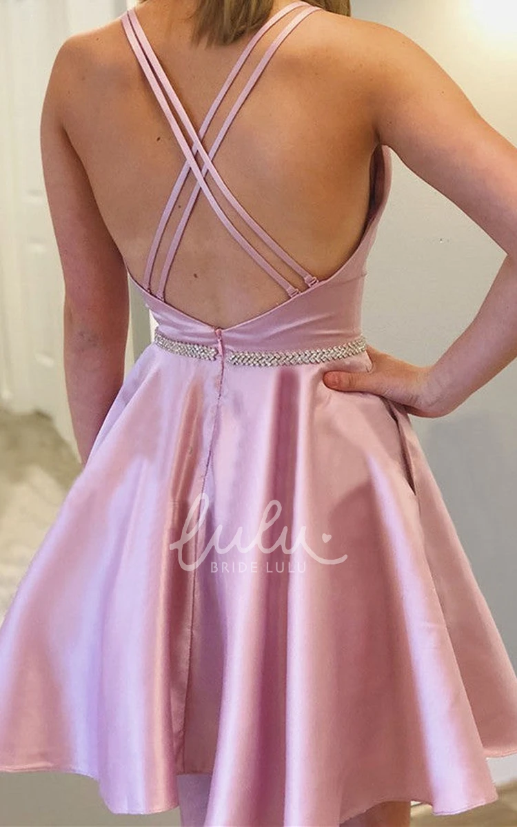 Halter Satin A-Line Homecoming Dress with Beading Sexy Prom Dress