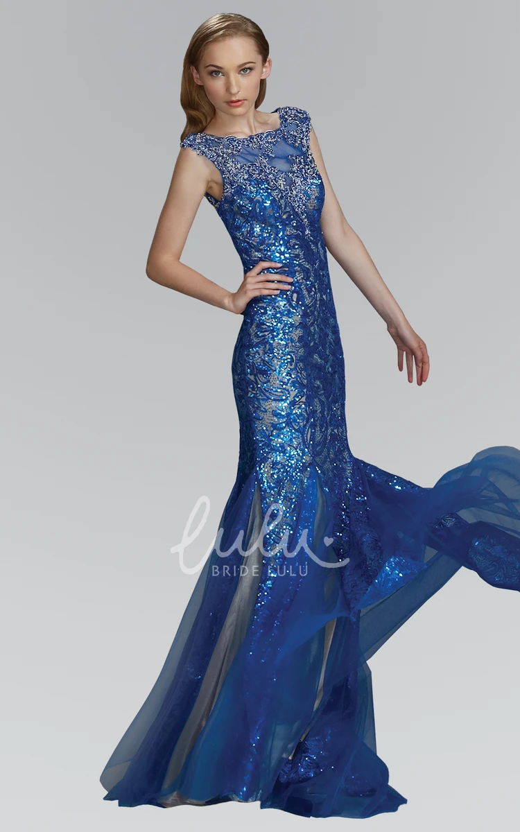 Bateau Cap-Sleeve Sequins Tulle Sheath Dress with Beading