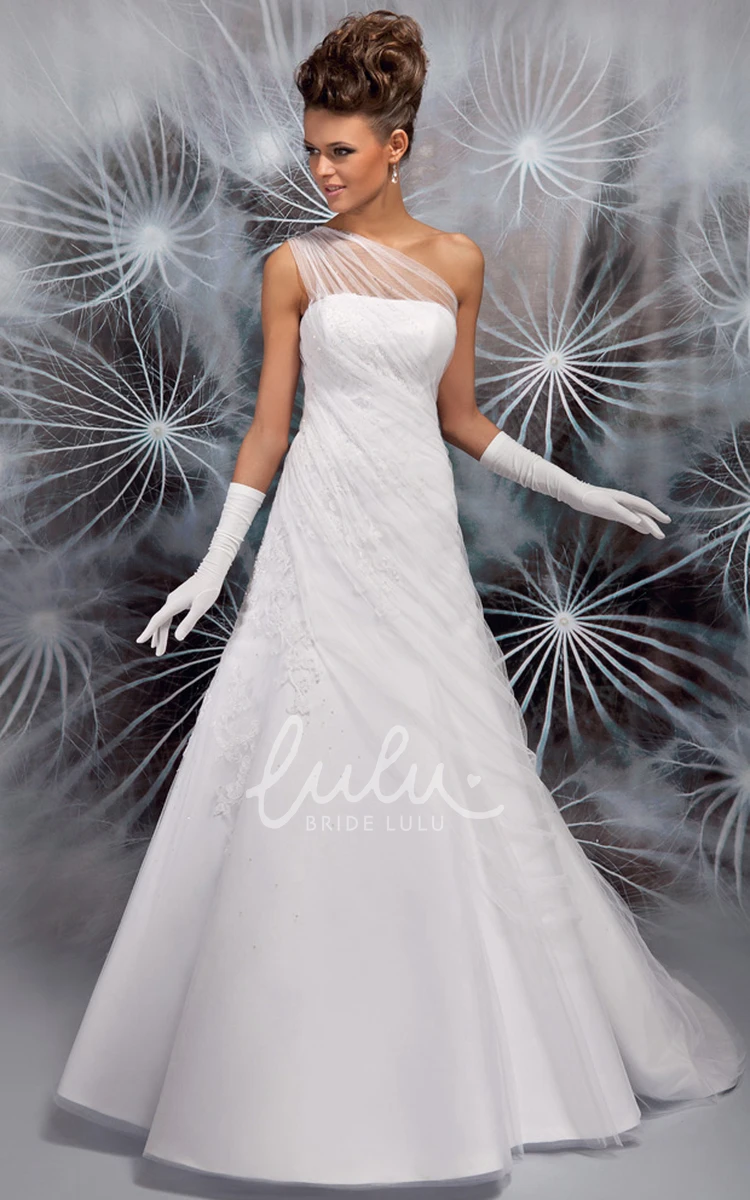 Tulle Appliqued One-Shoulder Wedding Dress with Court Train Long