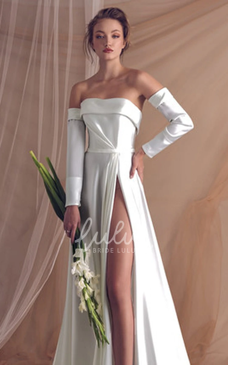 Sexy Satin A Line Wedding Dress with Ruching and Long Sleeves Modern Bridal Gown