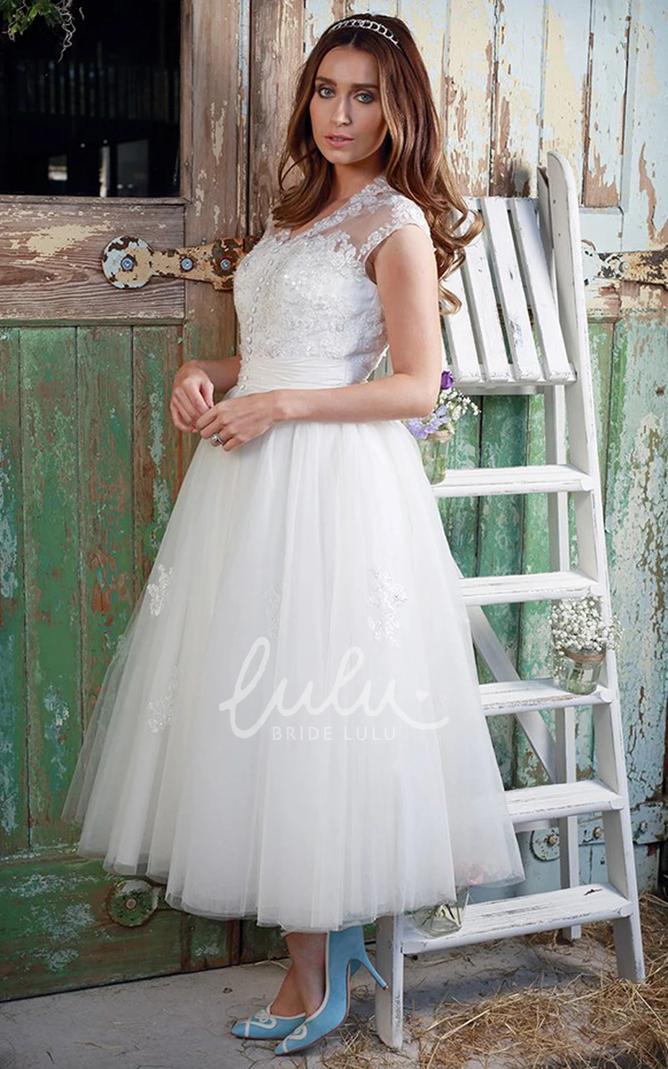 Cap-Sleeve Tulle&Lace Wedding Dress Vintage A-Line Bridal Gown