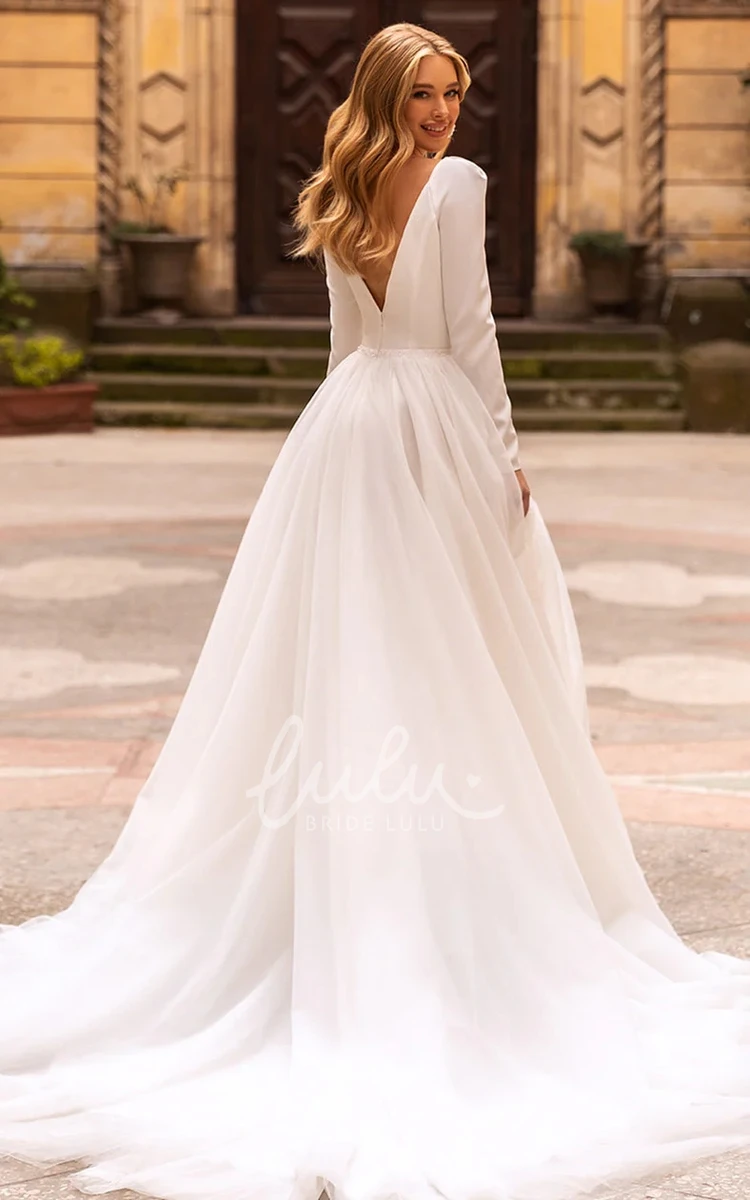 Satin V-neck Ball Gown Wedding Dress with Ruching Elegant and Simple