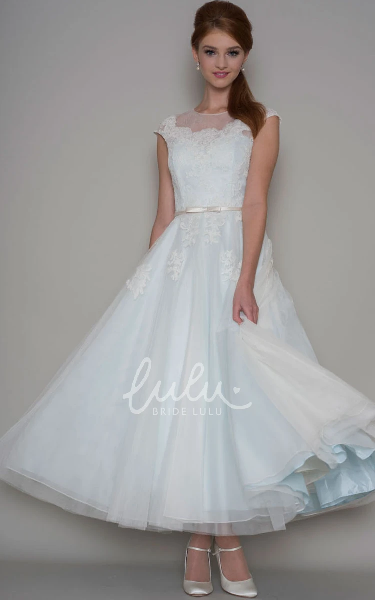 Tulle Cap Sleeve Ankle-Length A-Line Wedding Dress with Applique Unique Bridal Gown