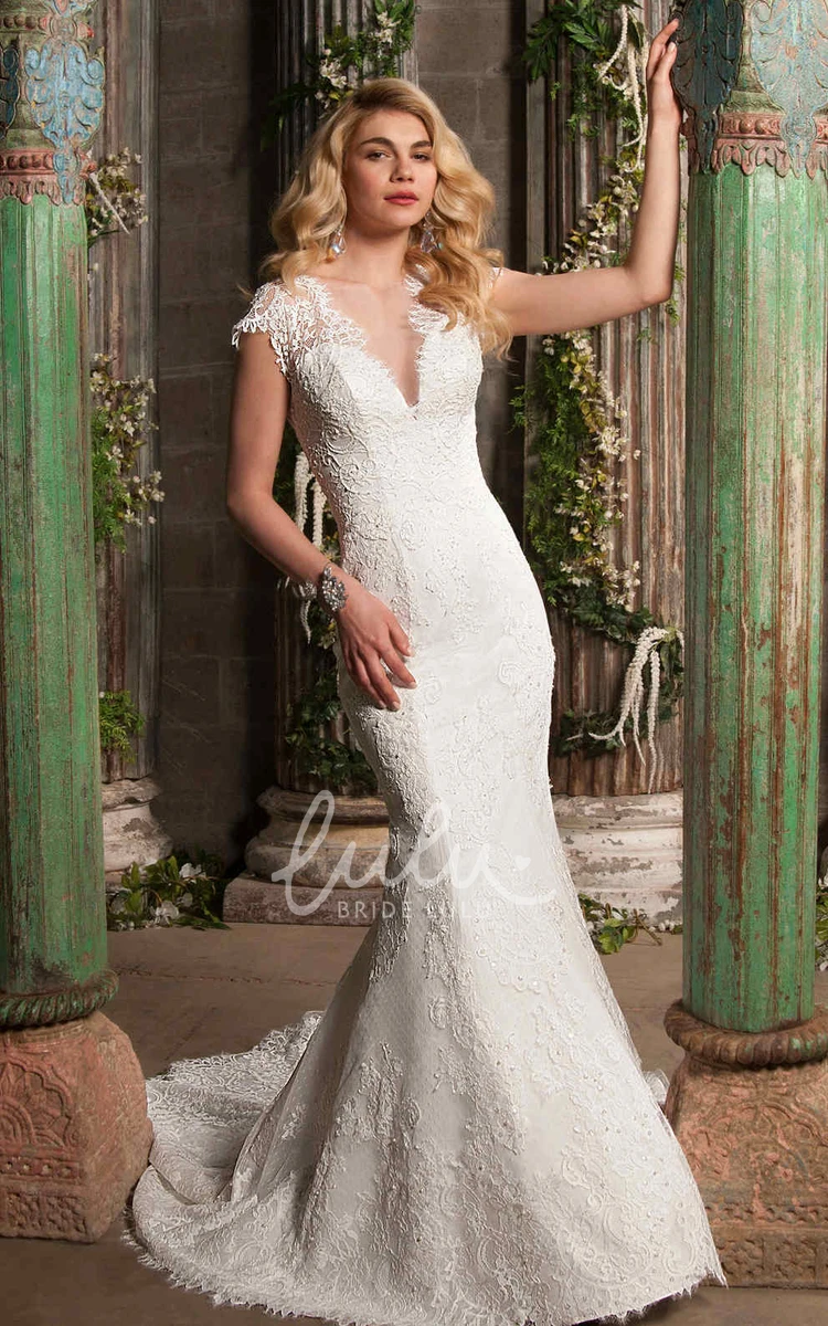 Cap Sleeve Lace Mermaid Wedding Dress with Court Train Unique Bridal Gown