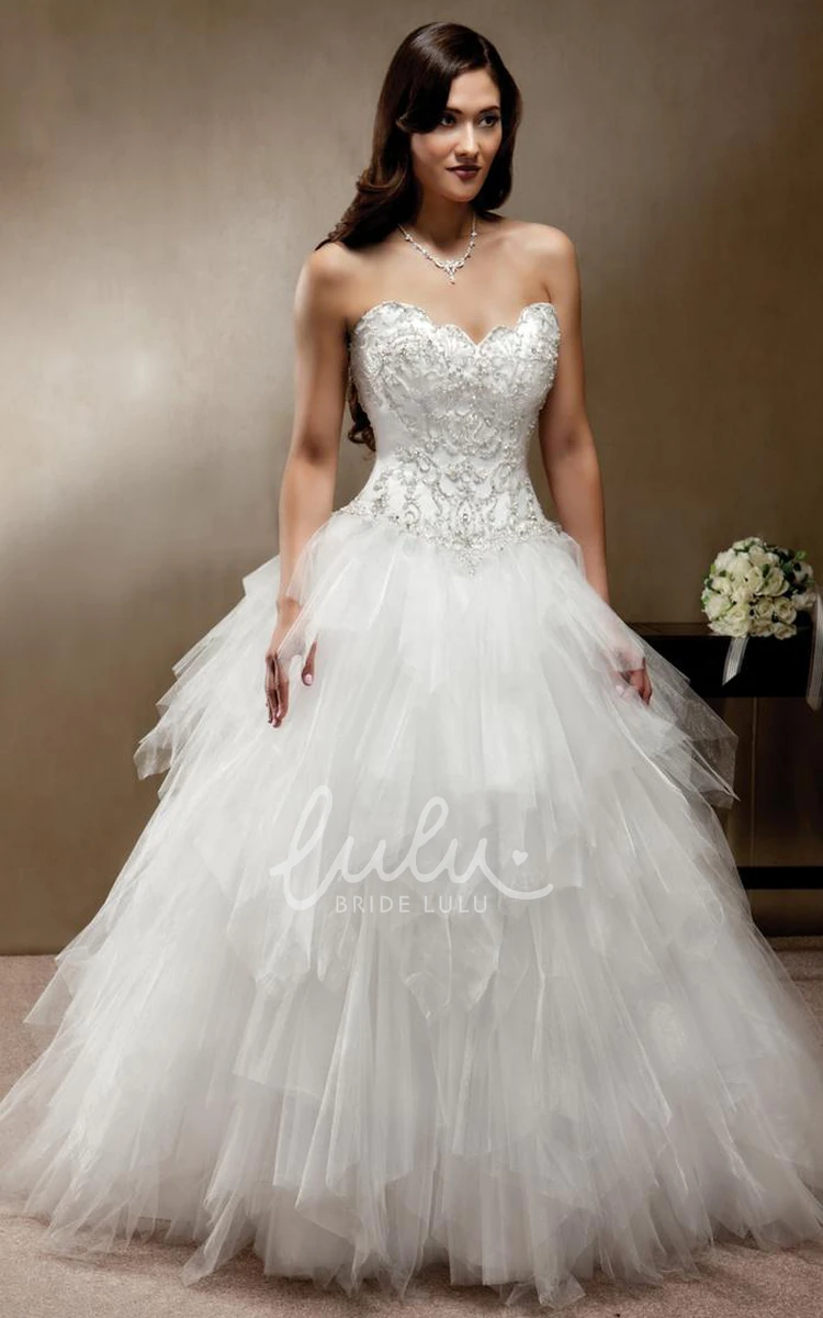 Cascading-Ruffle Tulle Sweetheart Ball-Gown Wedding Dress with Beading and Corset Back