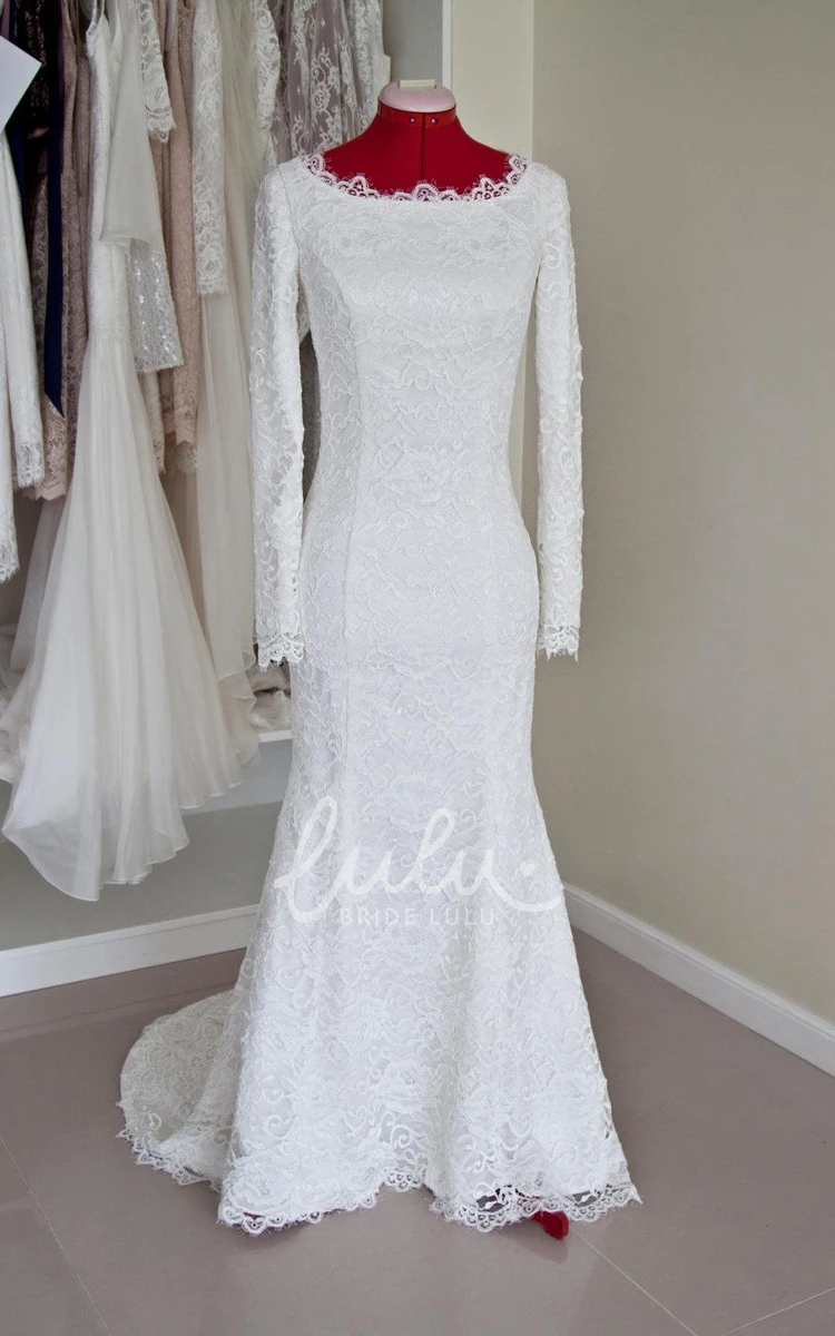 Long Sleeve Mermaid Wedding Dress Lace Bateau Neck Buttoned Back Elegant Modern