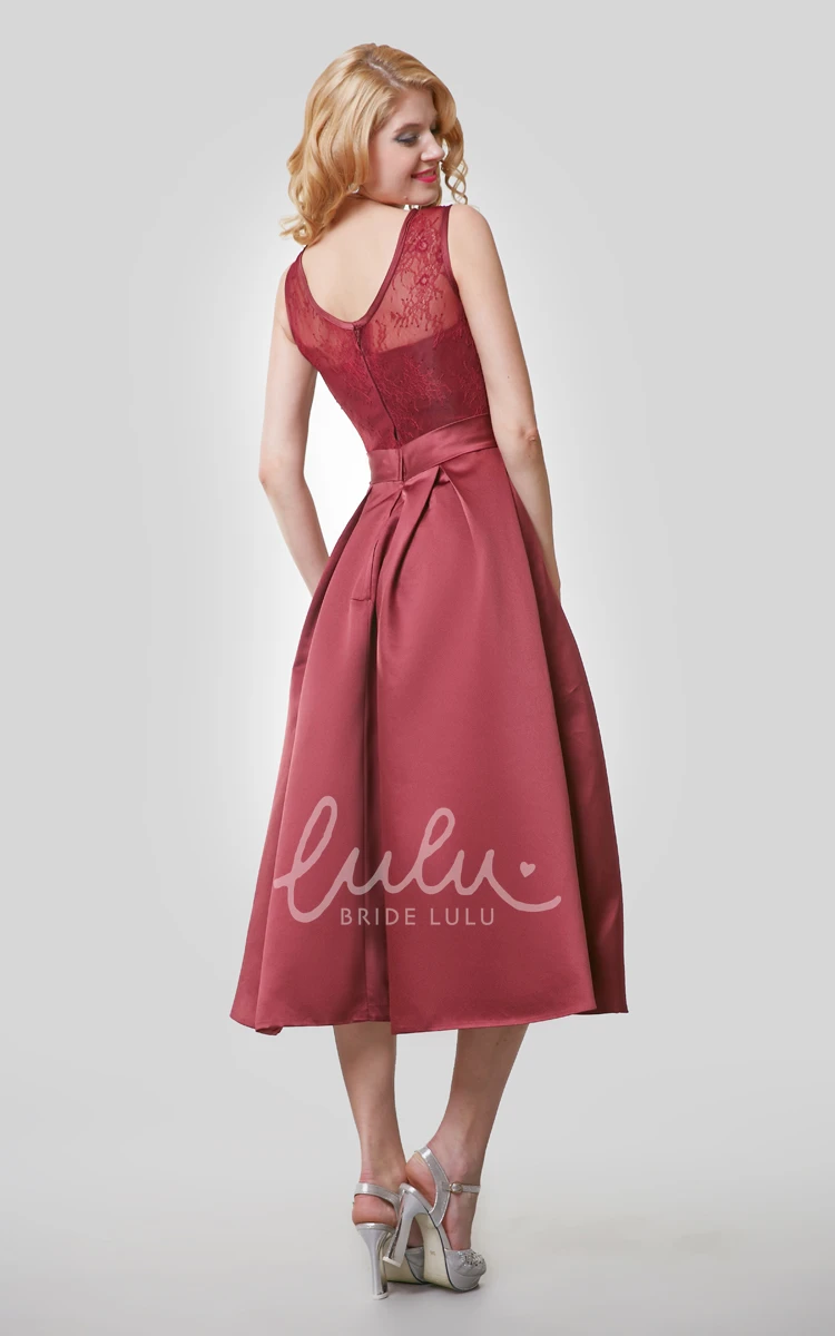 Satin Tea Length Bridesmaid Dress A-Line with Lace Bodice and Scoop Neck