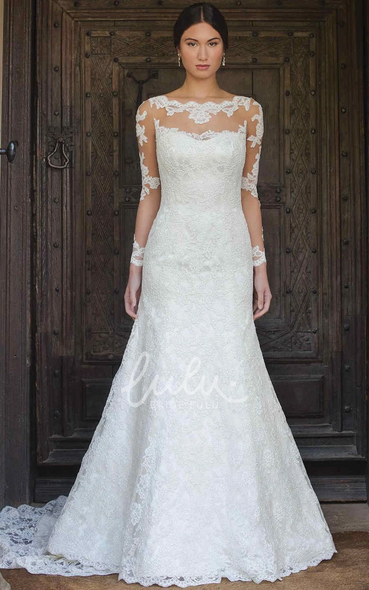 Illusion Long-Sleeve Lace Wedding Dress with Appliques A-Line Bateau-Neck Bridal Gown