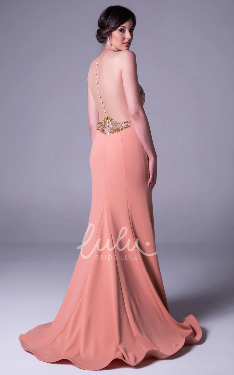 Sleeveless Beaded Sheath Jersey Prom Dress with Long Length