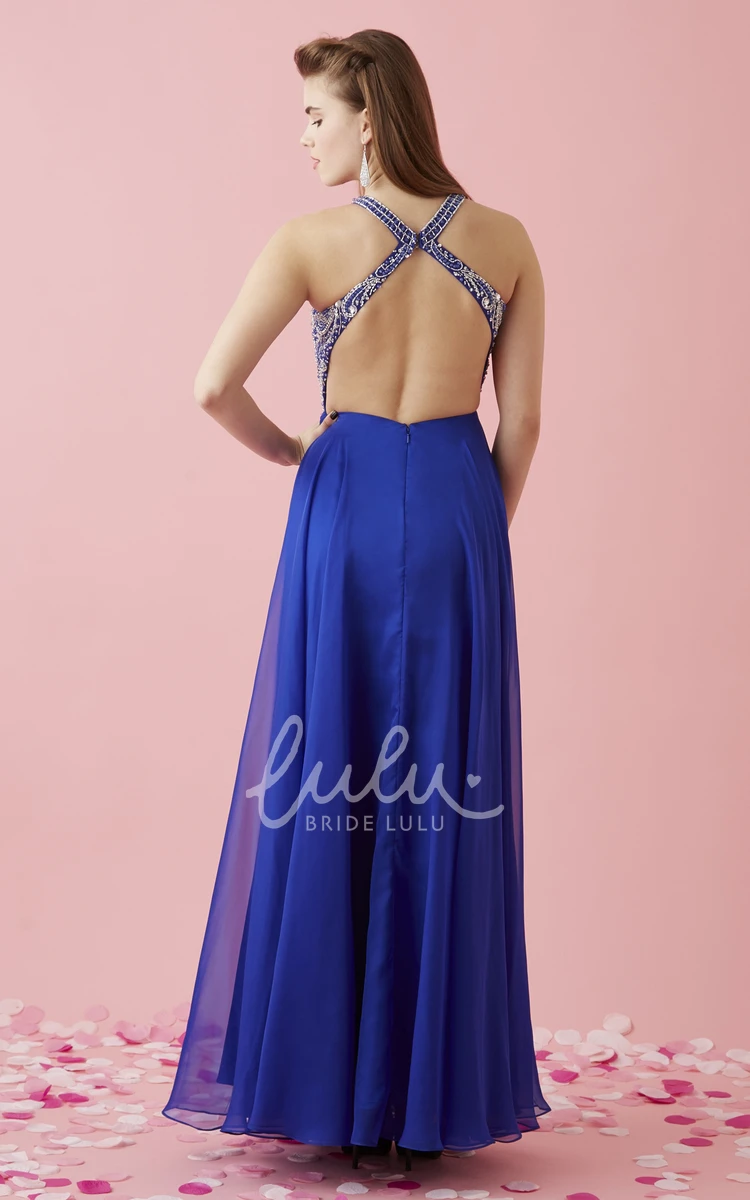 Floor-Length Chiffon Straps Formal Dress with Beading and V-Neck