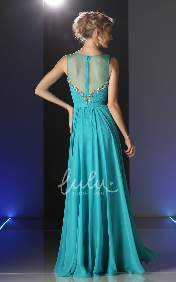 A-Line Chiffon Illusion Formal Dress with Ruching and Beading Long Sleeveless