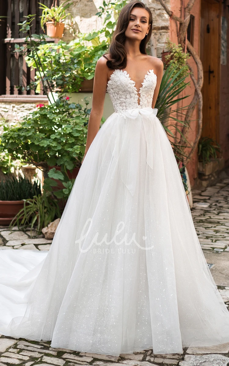 A Line Ball Gown Lace Tulle Wedding Dress with Sweetheart Neckline and Bow