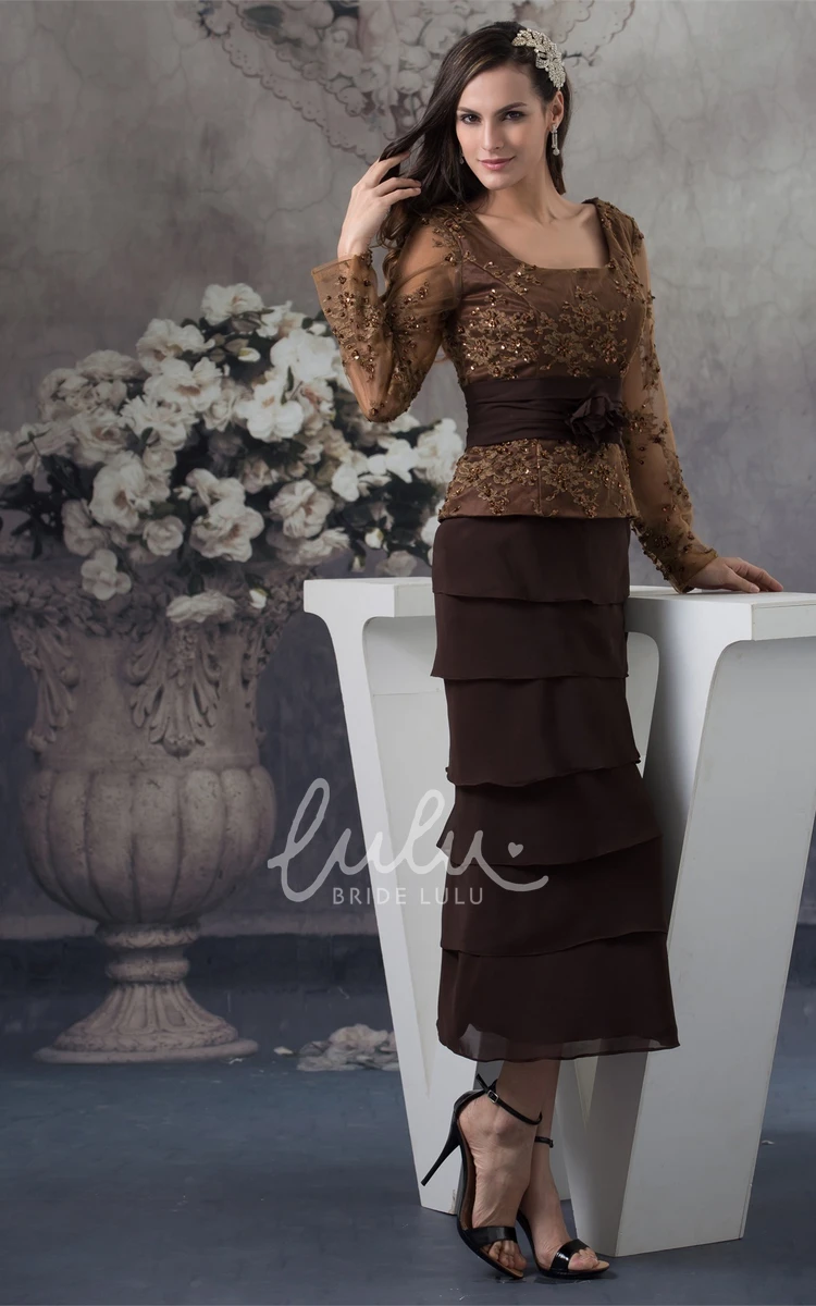 Square-Neck Long-Sleeve Tiered Formal Dress with Appliques