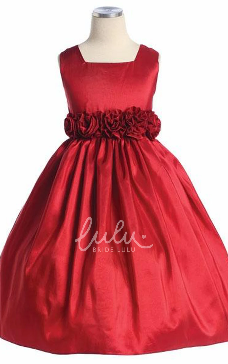 Tiered Taffeta Tea-Length Flower Girl Dress with Floral Accents