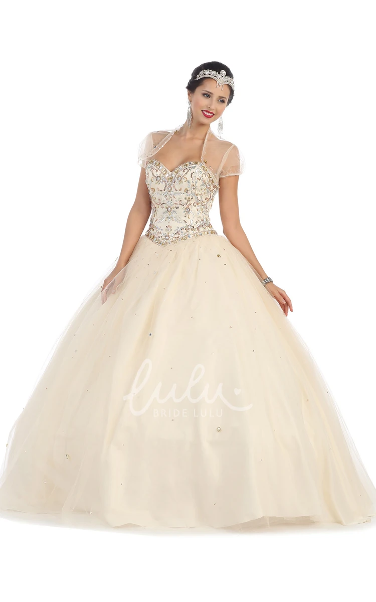 Sweetheart Tulle Satin Ball Gown with Beading and Cape Formal Dress