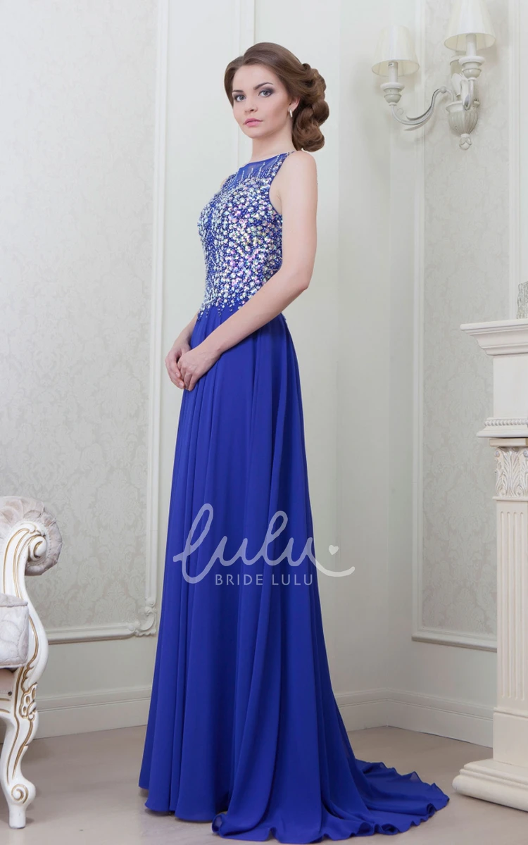 Crystal Bateau-Neck Sleeveless Chiffon Formal Dress A-Line Style