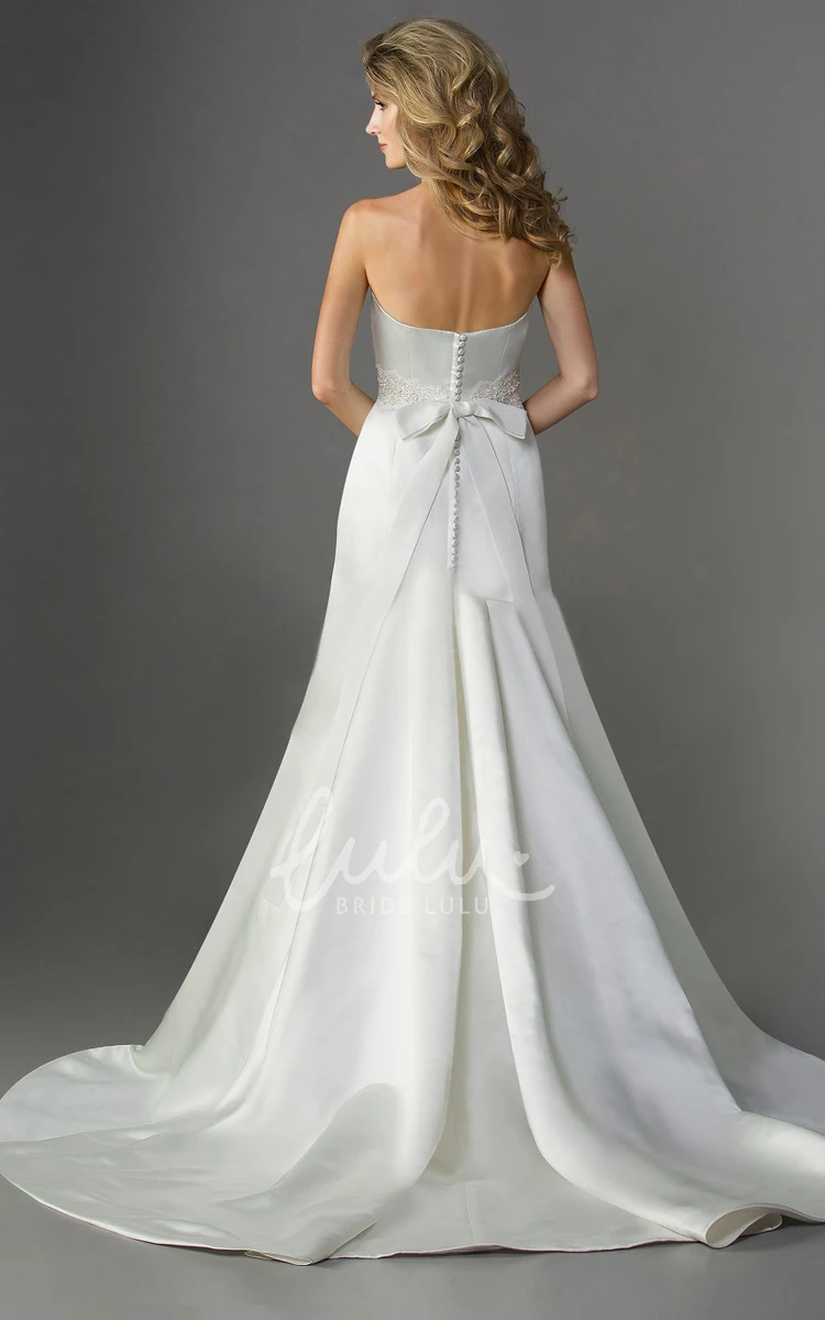 Trumpet Satin Wedding Dress with Strapless Design Beadings and Bow Tie