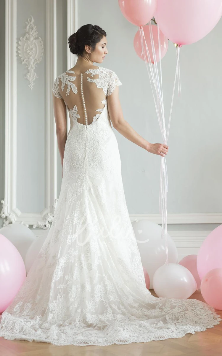 Cap-Sleeve Lace Wedding Dress V-Neck