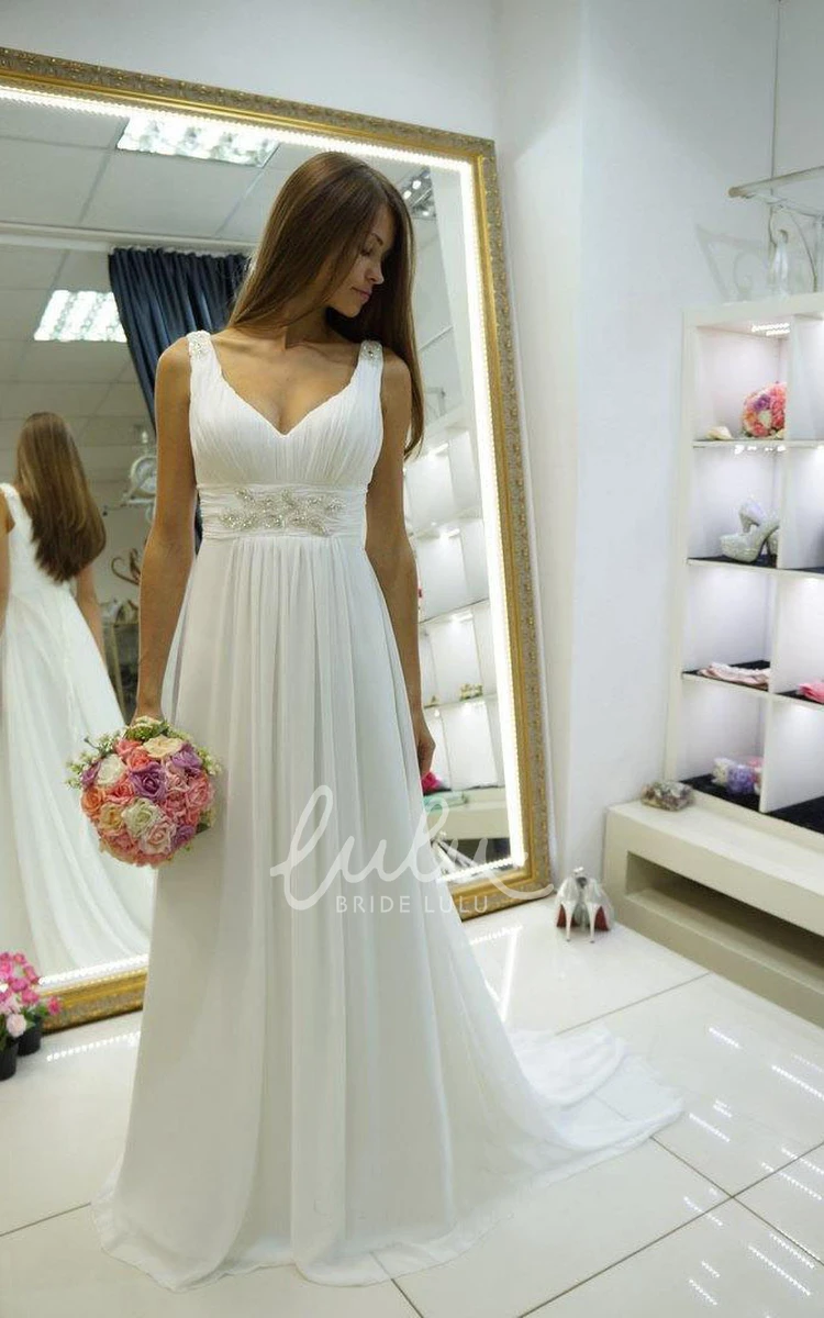 Chiffon Empire Wedding Dress with Straps and V-Neck Design