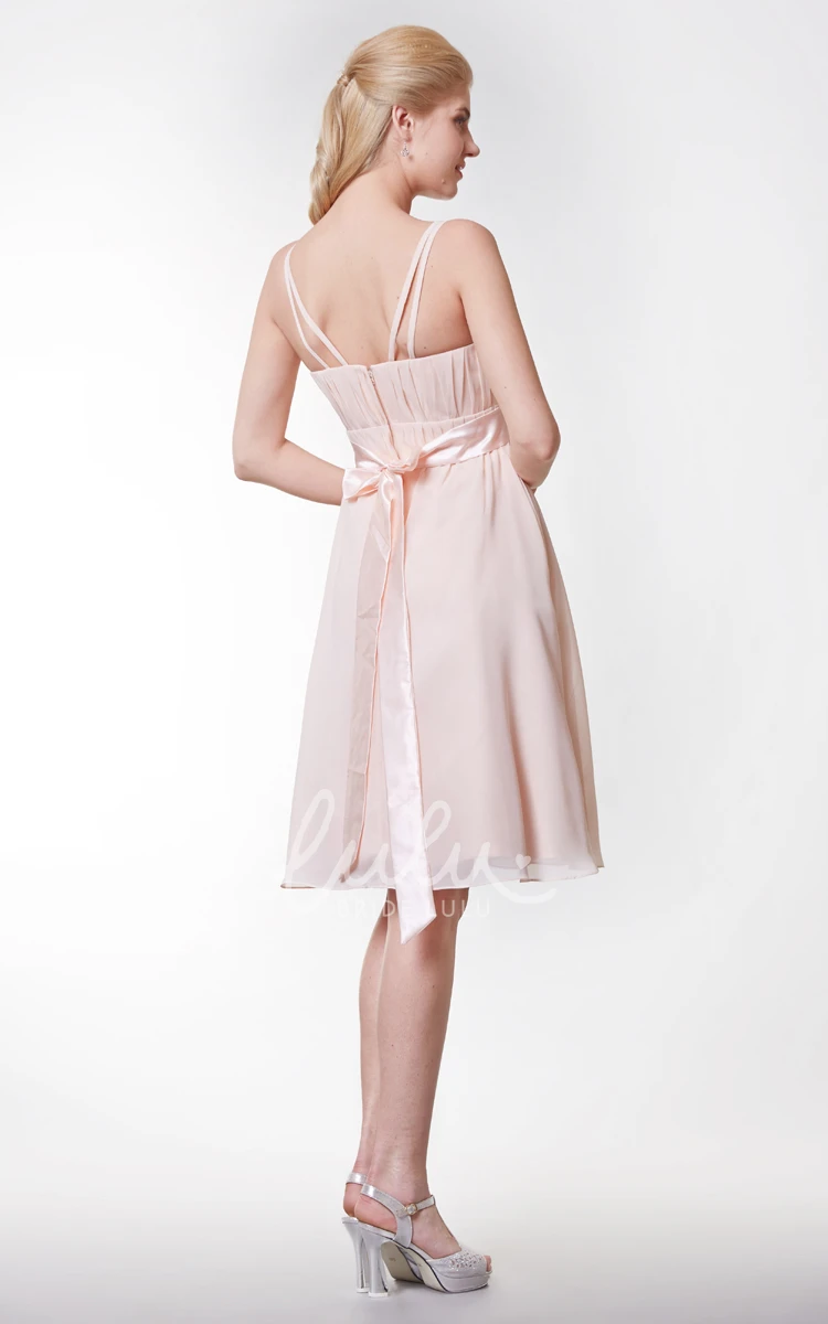 Knee-length Chiffon Dress with Spaghetti Straps Sash Beading and Bow