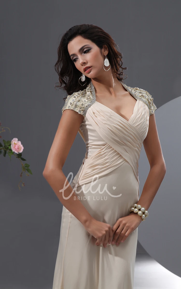 Queen Anne Evening Gown with Cap Sleeves and Beading for Formal Events