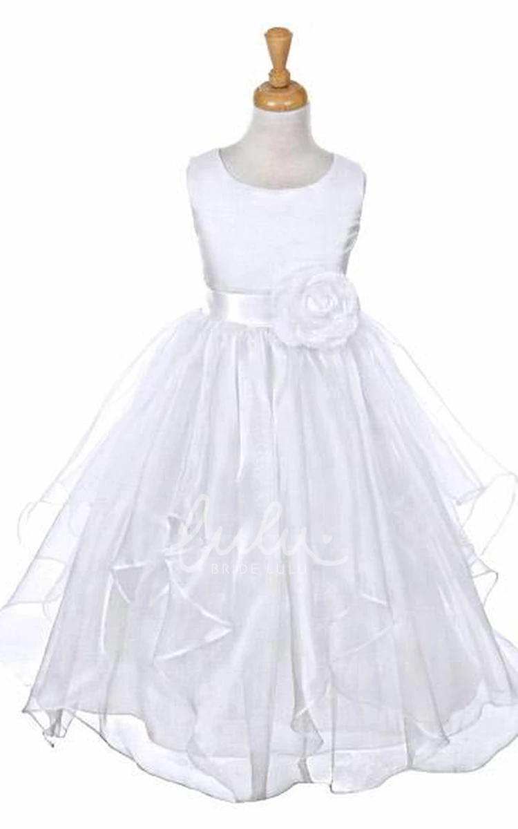 Ankle-Length Organza and Satin Flower Girl Dress with Tiered Skirt
