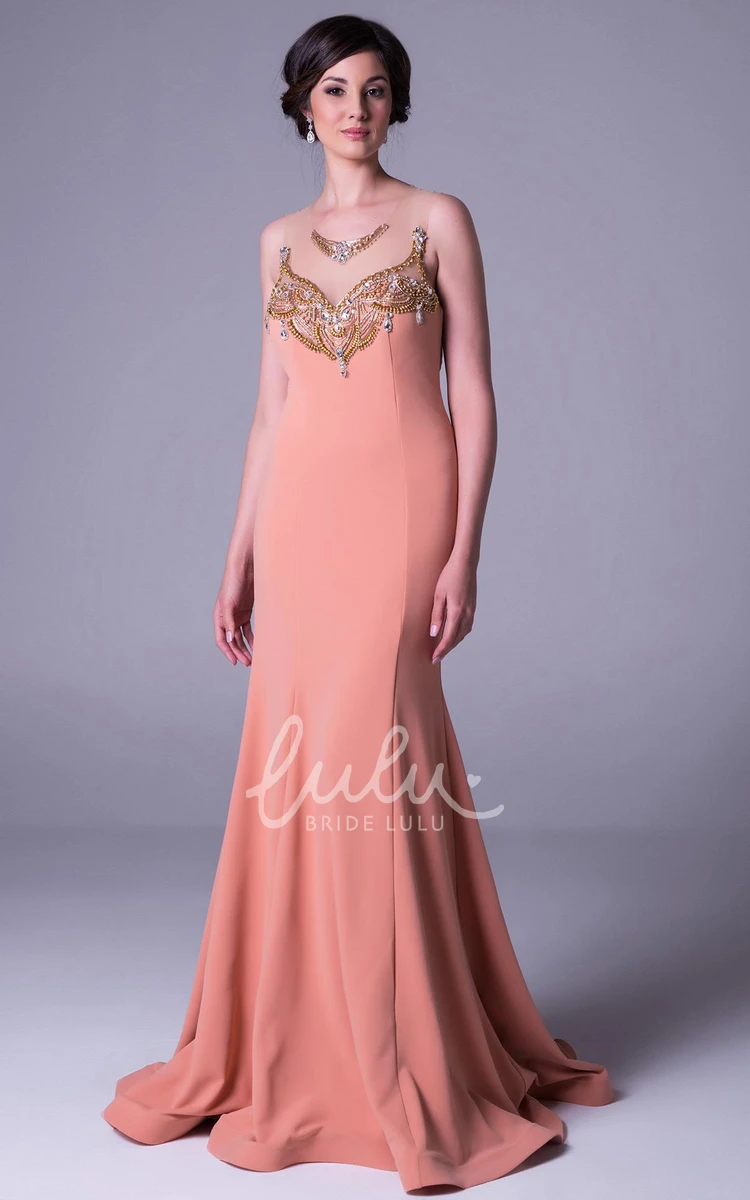 Sleeveless Beaded Sheath Jersey Prom Dress with Long Length