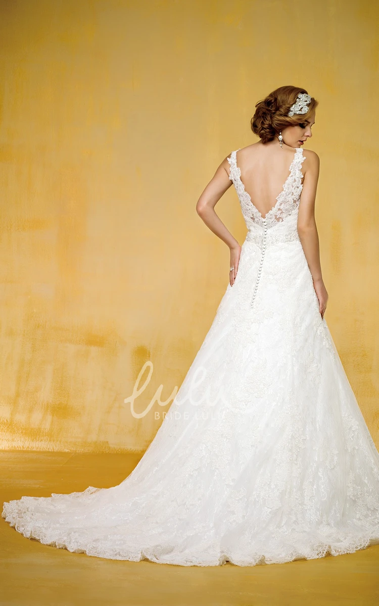 Sleeveless A-Line Wedding Dress with V-Neck and Appliques Elegant Bridal Gown