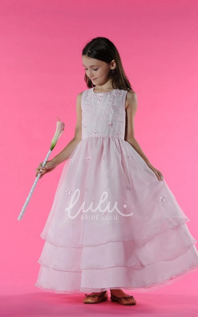 Layered Tulle Embroidered Flower Girl A-line Dress with Scoop Neck