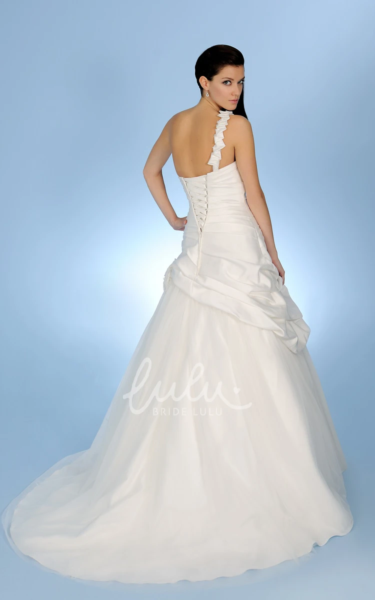 One-Shoulder Pick Up Satin & Tulle Wedding Dress Unique A-Line Bridal Gown